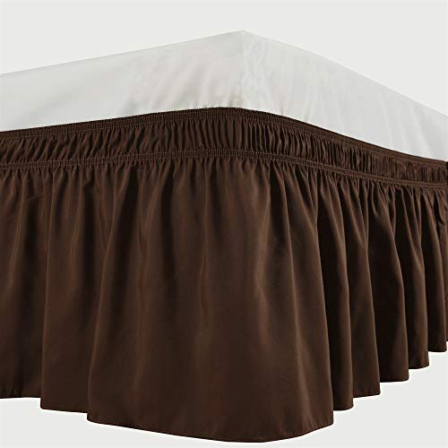 Book Cover Biscaynebay Wrap Around Bed Skirts Elastic Dust Ruffles, Easy Fit Wrinkle and Fade Resistant Solid Color Silky Luxurious Textured Fabric, Brown Queen 15 Inches Drop