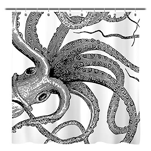 Sunlit Designer Kraken Ocean Theme Giant Octopus Tentacles Fabric Shower Curtain Mythical Nautical Sea Monster Marine Life Abstract Illustration Monochrome Black and White