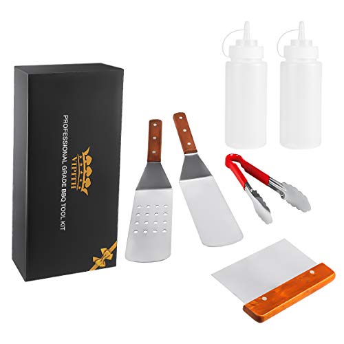 VIPITH 6 Piece Professional Grade Stainless Steel BBQ Grill and Griddle Spatulas Tool Kit Great for Grill Griddle Flat (2 Spatulas, 1 Chopper Scrapper, 1 Kitchen Tongs, 2 Condiment Bottles)