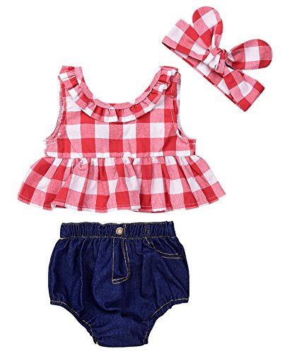 Book Cover Baby Girls Plaid Ruffle Bowknot Tank Top+Denim Shorts Outfit with Headband