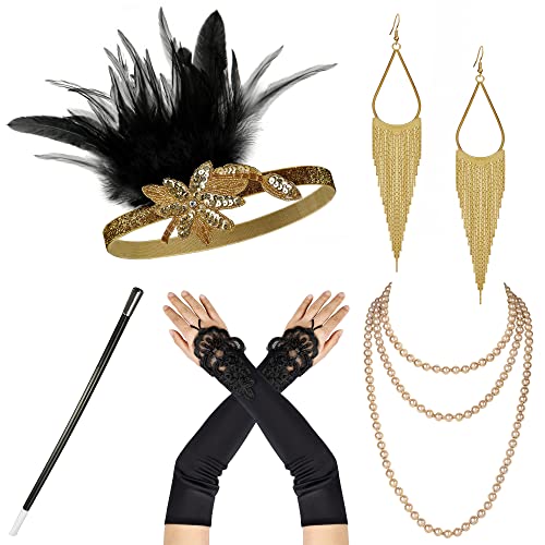 Zivyes 1920s Flapper Accessories Gatsby Costume Accessories Set for Women 20s Headpiece Pearl Necklace Gloves Holder