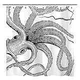 Sunlit Designer Kraken Ocean Theme Giant Octopus Tentacles Fabric Shower Curtain Mythical Nautical Sea Monster Marine Life Abstract Illustration Monochrome Black and White