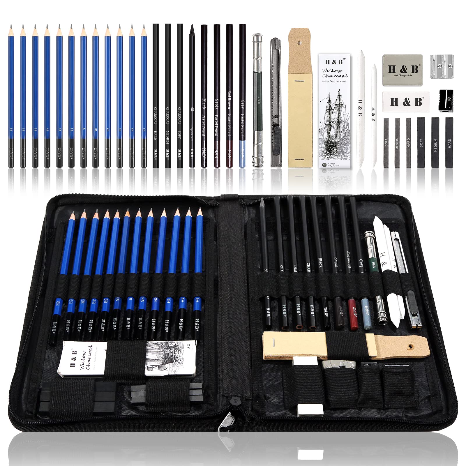 Book Cover H & B Drawing Pencils Set, 40-Piece Sketch Pencils and Drawing Kit Complete Artist Kit Includes Graphite Pencils, Pastel Pencils, Sharpener & Eraser, Professional Sketching Pencils Set for Drawing 40 Piece Set