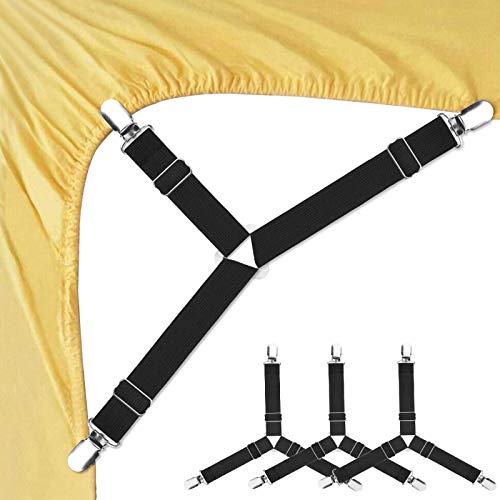 Book Cover Bed Sheet Fasteners, 4 PCS Adjustable Triangle Elastic Suspenders Gripper Holder Straps Clip for Bed Sheets,Mattress Covers, Sofa Cushion
