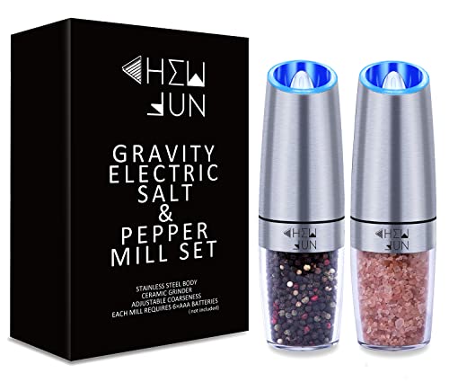 Book Cover Gravity Salt and Pepper Mill Set with Adjustable Coarseness Automatic Pepper and Salt Grinder Battery Powered with Blue LED Light,One Hand Operated,Brushed Stainless Steel by CHEW FUN