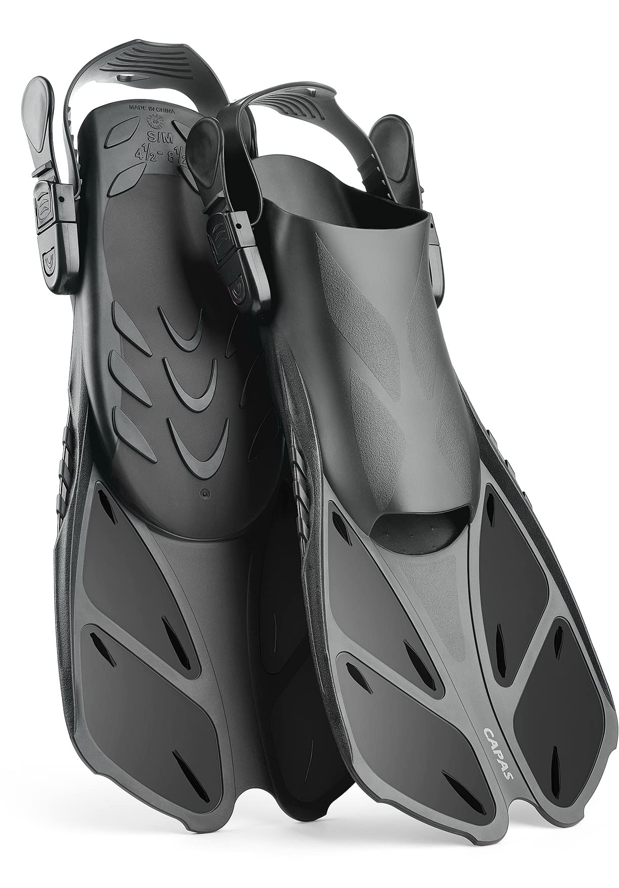 CAPAS Snorkel Fins, Swim Fins Travel Size Short Adjustable for Snorkeling Diving Adult Men Women Kids Open Heel Swimming Flippers Black S/M (US Men 4.5-8.5 / Women 5.5-9.5)