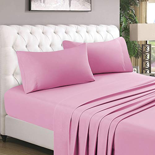 Book Cover HOMEIDEAS 4 Piece Bed Sheet Set-Fitted Sheet Flat Sheet Pair of Pillowcases (Double, Pink) 100% Easy Care Soft Brushed Microfibre Fabric 1800 Bedding Sheets - Deep Pockets