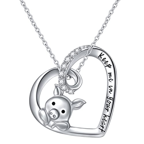 Flyow 925 Sterling Silver Cubic Zirconia Engraved Keep Me in Your Heart Cute Pig Heart Pendant Necklace for Women Teen Girls Birthday Gifts
