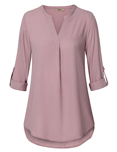 Timeson Women's Casual Chiffon V Neck Cuffed Sleeve Blouse Tops