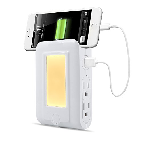Book Cover Trylight Wall Mount Charger with 2 USB Ports (3.1A) 4 AC Outlets Charging Station, Dusk to Dawn LED Sensor Night Light with Phone Holder Slot