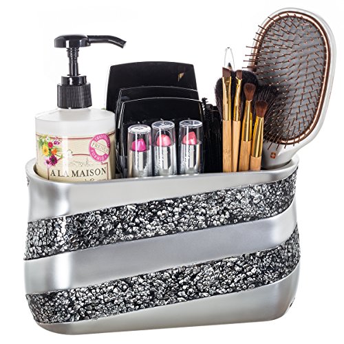 DWELLZA Silver Mosaic Bathroom Counter Vanity Organizer, Countertop Cosmetic Makeup Holder Hair Brush Caddy Hair Accessories Storage, 3-Compartments Decorative Bath Organization (Silver Gray)