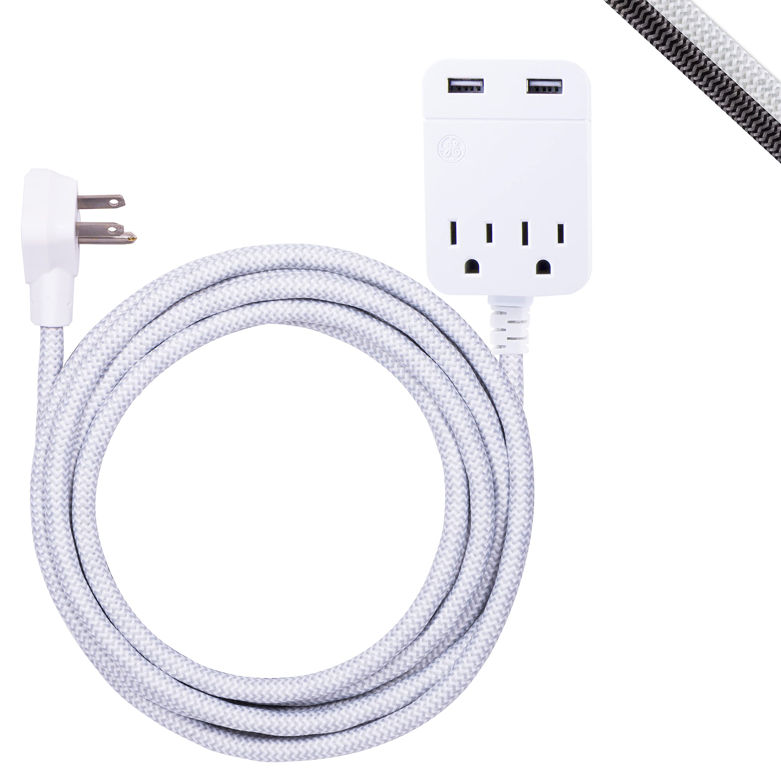 GE 2 Outlet 2 USB Surge Protector, 12W/2.4A Total USB, 10 ft Braided Extension Cord, Flat Plug, for iPhone 11/Pro/Max/XS/XR/X/8, iPad Pro, Samsung Galaxy, Google Pixel, 250 Joules, White/Gray, 38432