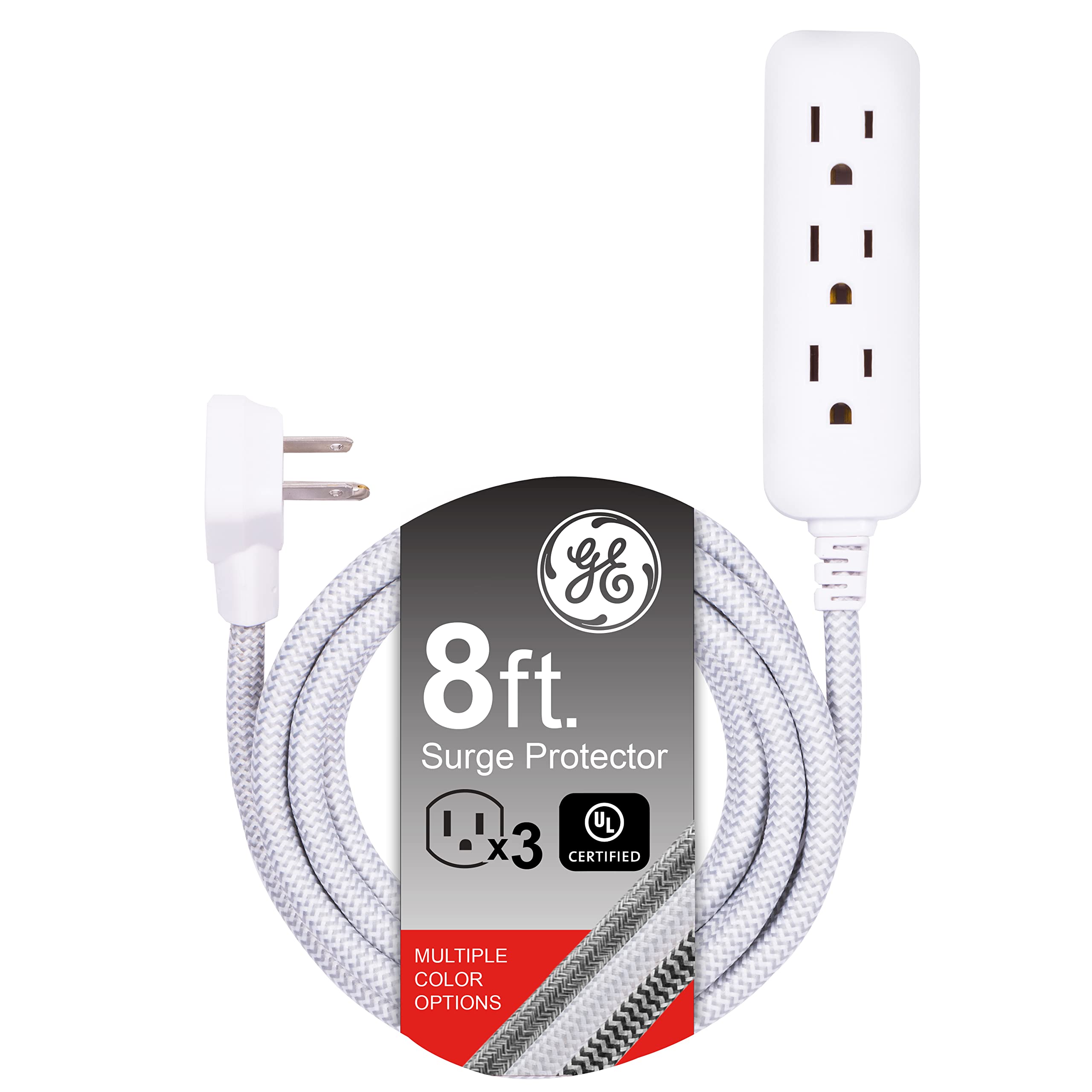 GE Pro 3-Outlet Power Strip with Surge Protection, 8 Ft Designer Braided Extension Cord, Grounded, Flat Plug, 250 Joules, Warranty, UL Listed, Gray/White, 38433 White 8 Ft 1 Pack