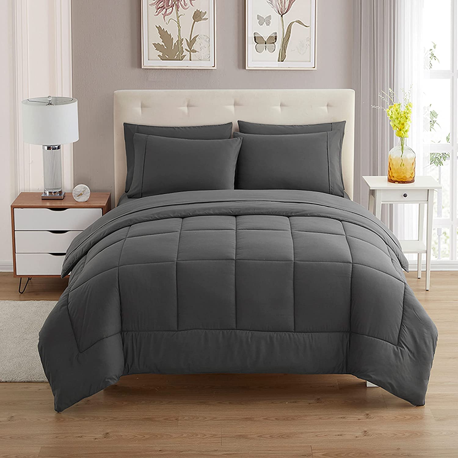 Book Cover Sweet Home Collection 8 Piece Comforter Set Bag Solid Color All Season Soft Down Alternative Blanket & Luxurious Microfiber Bed Sheets, Gray, Queen Gray Queen