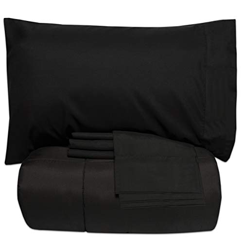 Sweet Home Collection 7 Piece Comforter Set Bag Solid Color All Season Soft Down Alternative Blanket & Luxurious Microfiber Bed Sheets, Black, Queen