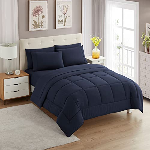 Book Cover Sweet Home Collection 7 Piece Comforter Set Bag Solid Color All Season Soft Down Alternative Blanket & Luxurious Microfiber Bed Sheets, Navy, Full