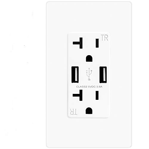 TOPELE High Speed USB Charger Outlet, USB Wall Charger Duplex Receptacle, 20A Tamper-Resistant Receptacle with 2 Free Wall Plates, Child Proof Safety for iPhone X 8/8 Plus, Samsung and more, White