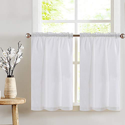 Lazzzy White Kitchen Curtains Cafe Curtains Waffle Textured Tiers for Bathroom 24 Inch Length Window Set for Living Room Bedroom Light Filtering Drapes Rod Pocket 2 Panels