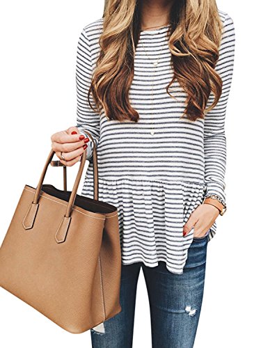 ZXZY Womens Pleated Frill Hem Long Sleeve Stripe Ruffled Shirt Tops Blouse Tunic