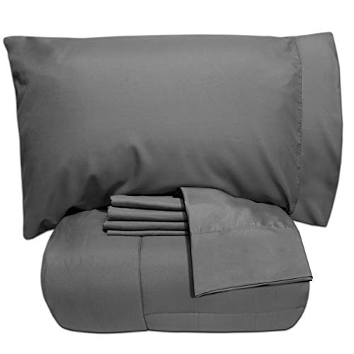 Sweet Home Collection 5 Piece Bag Comforter Set Solid Color All Season Soft Down Alternative Blanket & Luxurious Microfiber Bed Sheets, Twin, Gray