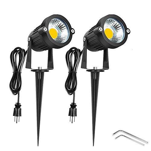 Onerbuy Bright Outdoor LED Landscape Lighting 5W COB Garden Wall Yard Path Lawn Light Lamp Spiked Stand Power Plug, Pack of 2 (Warm White)
