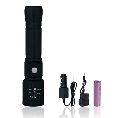 NVTED Rechargable LED Flashlight, Water Resistant 1500 lumen CREE-T6 Tactical LED Torch, Adjustable Focus with 5 Light Modes, AC+Car Charger+18650 Battery