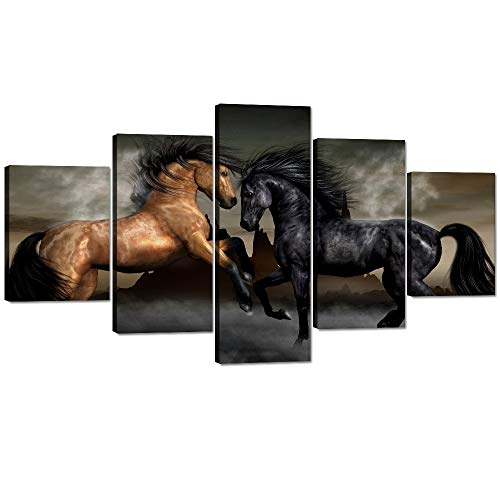 Book Cover Horses Posters and Prints Modern Landscape Painting Pictures Wall Art for Living Room, Home Decor Gallery-wrapped Canvas Art 5 Piece Set Framed Ready to Hang (60''W x 32''H)