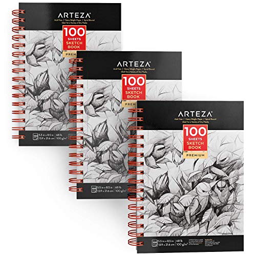 Arteza Sketchbooks, Pack of 3, 5.5x8.5 Inches, 100 Sheets Each, Spiral-Bound 68-lb Drawing Paper, Art Supplies for Colored and Graphite Pencils, Charcoal, & Soft Pastel
