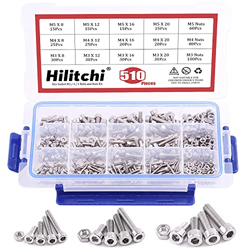 Hilitchi 510pcs M3 M4 M5 Stainless Steel Hex Socket Head Cap Bolts Screws Nuts Assortment Kit - 304 Stainless Steel (Hex Socket)