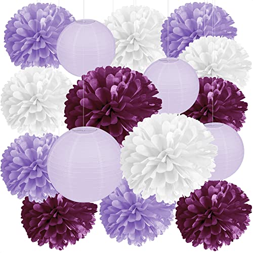 Book Cover 16pcs Tissue Paper Flowers Ball Pom Poms Mixed Paper Lanterns Craft Kit for Lavender Purple Themed Birthday Party Decor Baby Shower Decor Bridal Shower Decor Wedding Party Decorations