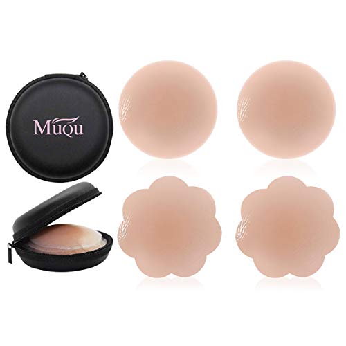 MUQU Womens Silicone Pasties, Breast Bra Reusable 2 Pairs Invisible Silicone Nipple Cover for Dress Pink