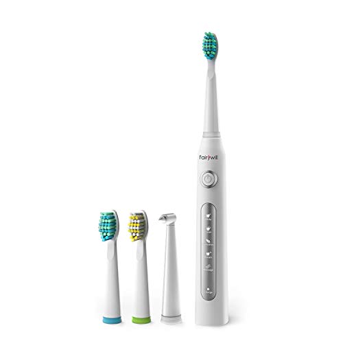 Fairywill Sonic Powered Electric Toothbrush - Get A Dentist Like Clean With 5 Modes, Smart Timer, 3 Brush Heads, Fully Rechargeable with One 4 Hour Charge Last 30 Days, Fully Washable for Adults in Wh