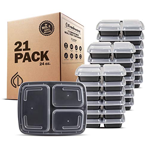 Book Cover Freshware Meal Prep Containers [21 Pack] 3 Compartment with Lids, Food Storage Containers, Bento Box, Stackable, Microwave/Dishwasher/Freezer Safe (24 oz)