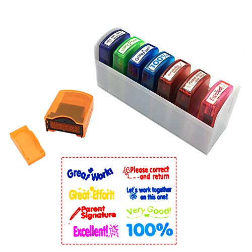 Reliancer Colorful Self-Inking Motivation School Grading Teacher Stamp Set and Tray (8-Piece)