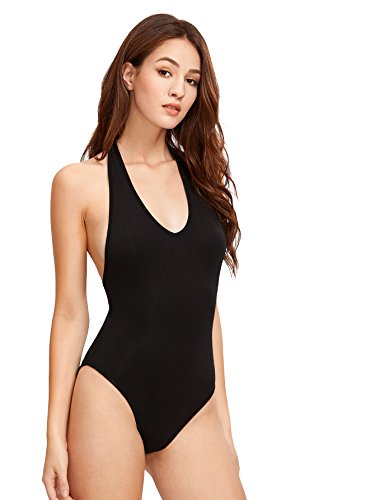 SweatyRocks Women's Sexy Deep V Sleeveless Backless Halter Leotard Bodysuit Romper