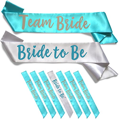 Team Bride 7pc Satin Sash Set - Sophisticated & Fun Party Favors for Bachelorette Party, Bridal Shower & Wedding Party (7pc Set, White & Teal)