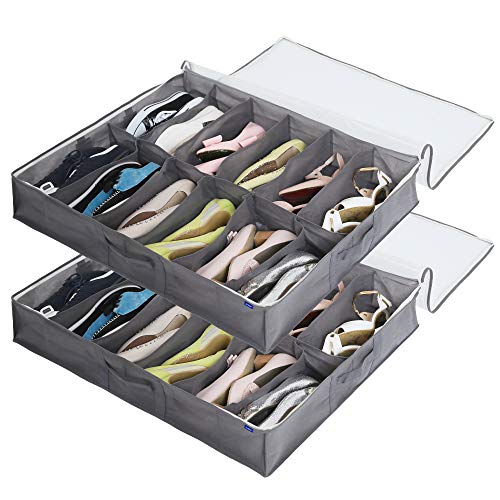 Surblue Under Bed Shoe Organizer Storage Bag with Transparent Skylight and Zippered,12 Pairs,Grey,2 PCS