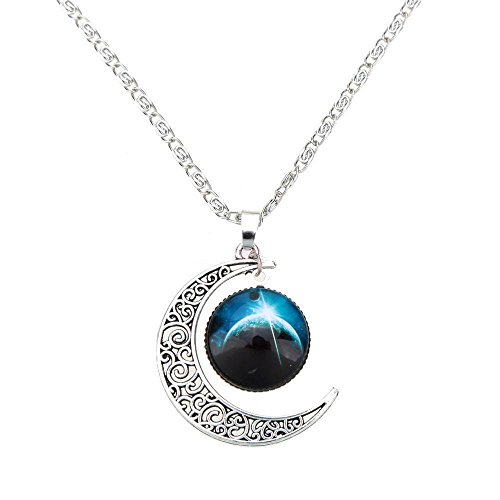 Book Cover Galaxy & Crescent Cosmic Blue Moon Pendant Necklace, Blue Glass, 17.5'' Chain, Great Gift for Women