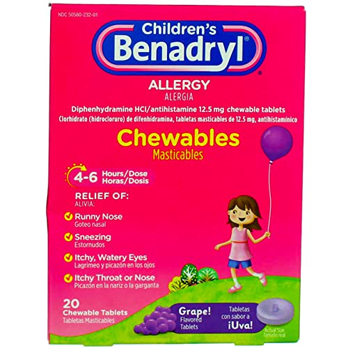 Book Cover Benadryl Children's Allergy Chewable Tablets Grape Flavored - 20 ct, Pack of 2