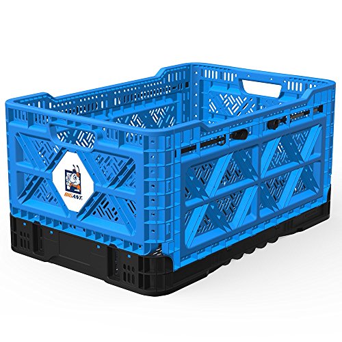 BIGANT Heavy Duty Collapsible & Stackable Plastic Milk Crate - IP543630, 12.7 Gallons, Medium Size, Blue, Set of 1, Snap Lock Foldable Industrial Garage Storage Bin Container Utility Tote Basket