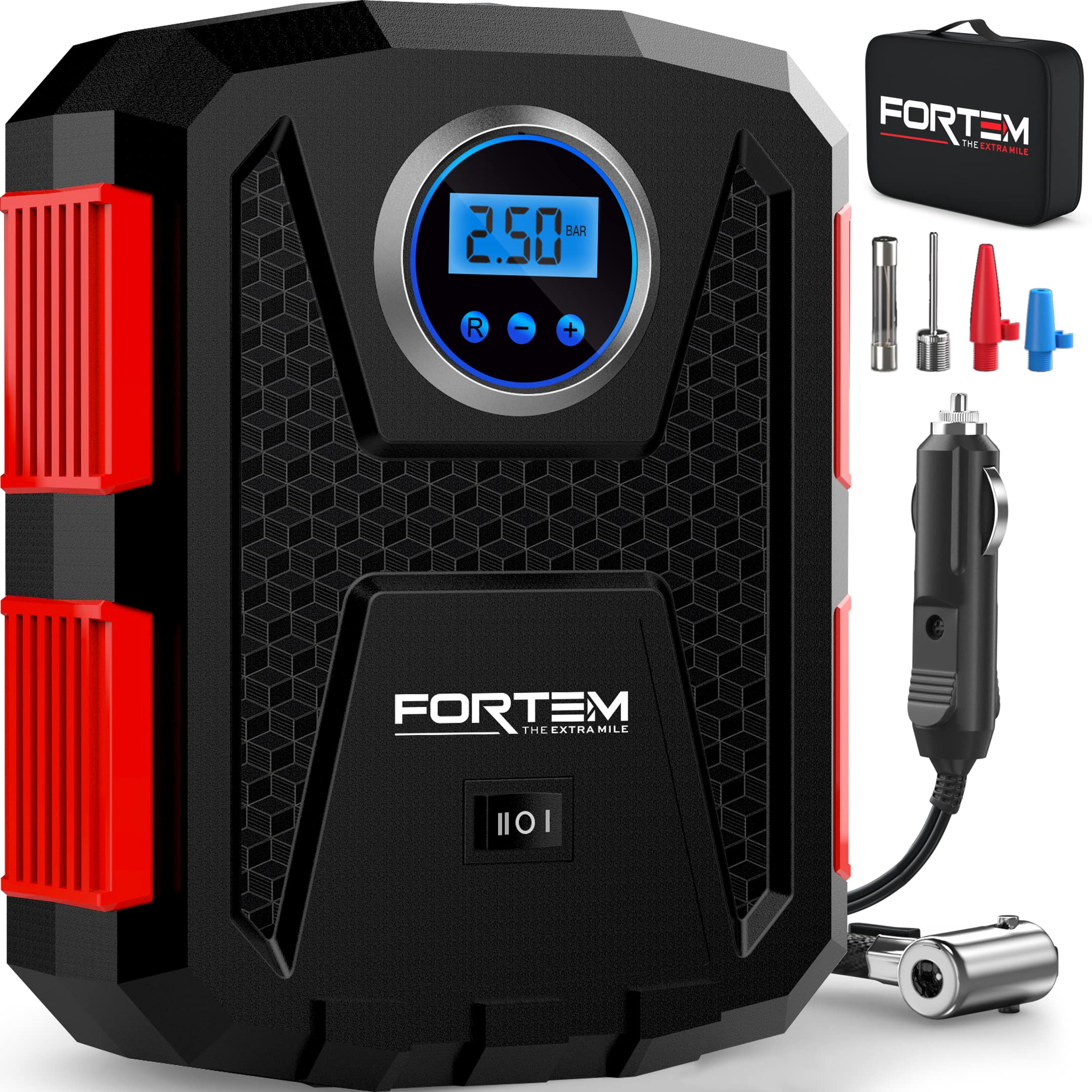 FORTEM Tire Inflator Portable Air Compressor 150 PSI, Bike Pump, 12V Electric Air Pump for Car Tires and Bicycles w/LED Light, Digital Tire Pressure Gauge w/Auto Pump/Shut Off, Carrying Case 12V DC Red