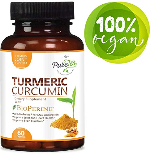 Turmeric Curcumin 95% Highest Potency Curcuminoids 1950mg with Bioperine Black Pepper for Best Absorption, Made in USA, Best Vegan Joint Pain Relief, Turmeric Pills by PureTea - 60 Capsules