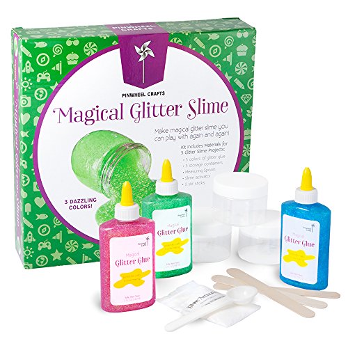 Pinwheel Crafts Glitter Slime - DIY Slime Kit for Girls, Includes 3 Colors Glitter Glue, Activator, Storage Containers & Recipes for Homemade Galaxy Slime, Science Experiments for Kids