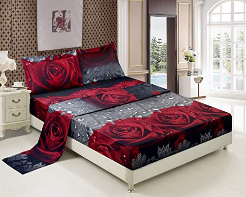 HIG 3D Bed Sheet Set - 4 Piece 3D Rose Love Romantic Moment Printed Sheet Set King Size (Y28) - Soft, Breathable, Fade Resistant - Includes 1 Flat Sheet,1 Fitted Sheet,2 Shams