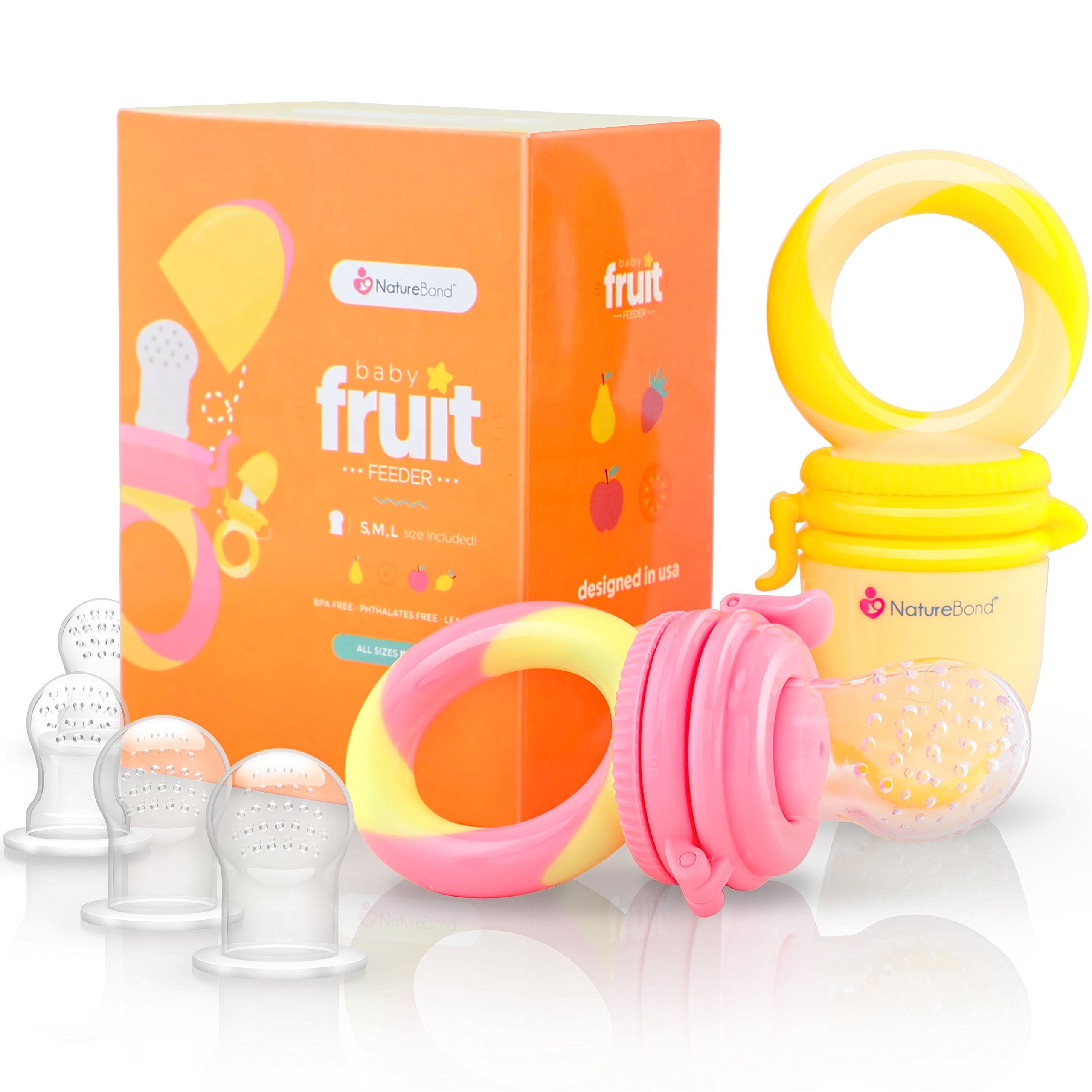 Book Cover NatureBond Baby Food Feeder/Fruit Feeder Pacifier (2 Pack) - Infant Teething Toy Teether | Includes Additional Silicone Sacs Peach Pink and Lemonade Yellow