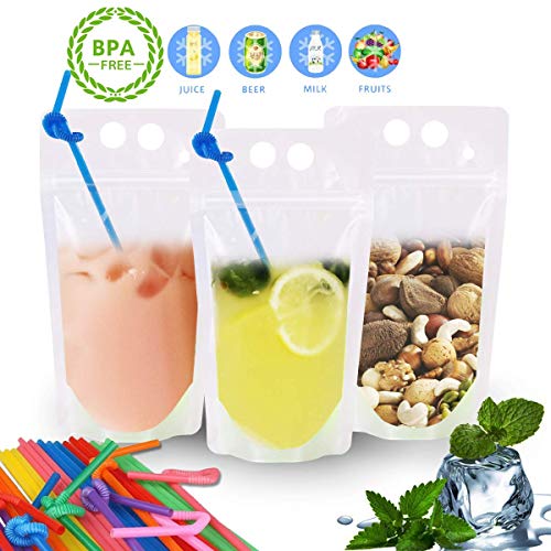 EXSPORT Upgraded 100 Pack Clear Drink Pouches Bags Food Storage Bags Reusable Snack Bags with 100 Drink Straws （ No Logo
