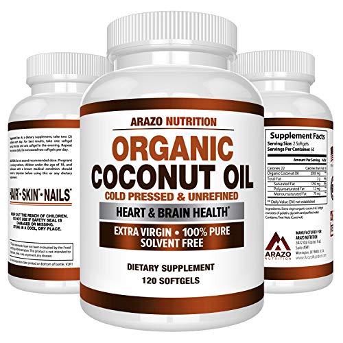Organic Coconut Oil 2000mg - 100% Extra Virgin Cold Pressed for Weight Support, Skin, Hair, Nails - 120 Softgel Capsules - Arazo Nutrition