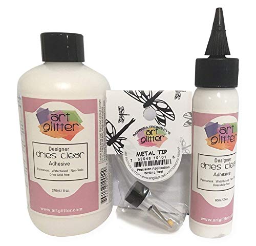 Art Institute Glitter Designer Dries Clear Adhesive Clear Glue Kit Bundle-3 items 8oz,2oz and Metal Tip