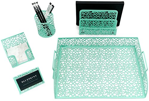Blu Monaco Office Supplies Mint Green Desk Organizers and Accessories-5 Piece Cute Desk Organizer Set-Letter Tray-Pen Cup-Sticky Note Holder-Business Card Holder-Mail Sorter
