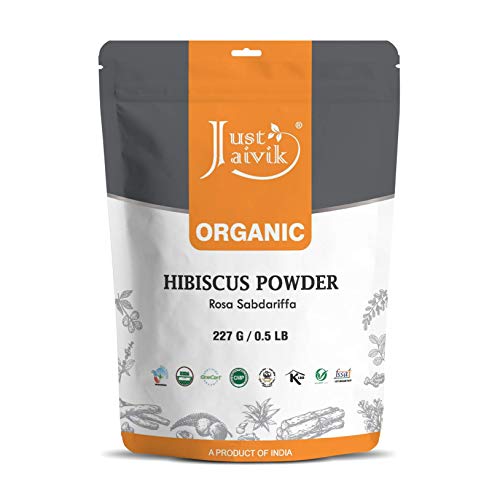 Book Cover 100% Organic Hibiscus Flower Powder (Hibiscus Sabdariffa) 1/2 LB, 08 oz, 227g USDA Certified Organic- Biodegradable Resealable Zip Lock Pouch